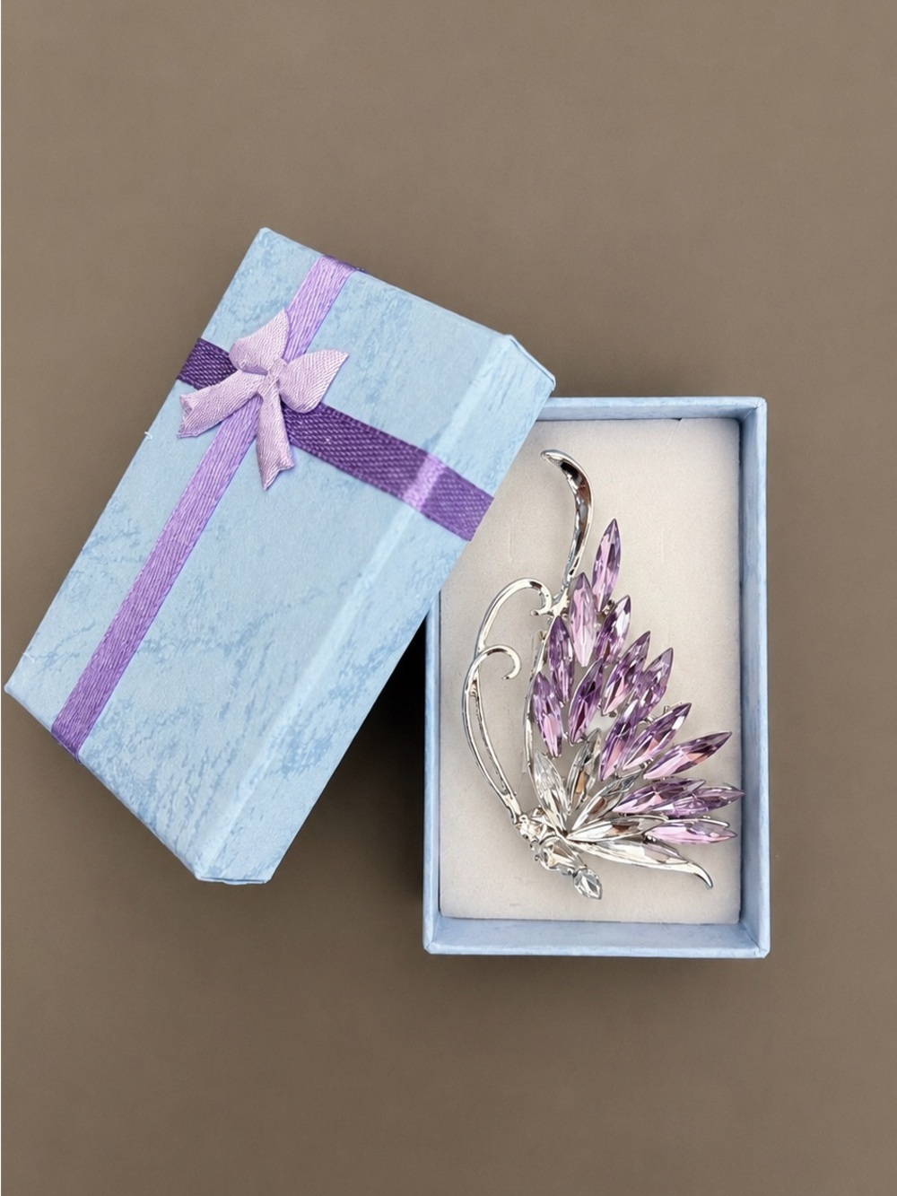 Purple Crystal Butterfly Brooch Silver Rhinestone Pin Elegant Statement Jewelry